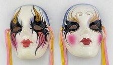 Ceramic Hand Painted Mask Wall Decor W/ Ribbon Hanger Mardi Gras Set Of 2