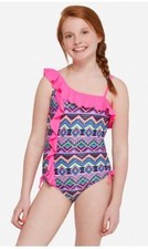 Justice Girl Size 6 Tribal Geometric Pink Ruffle One-Piece Swimsuit NEW