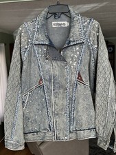 Vintage 90s Ruth Douglas Acid Washed Denim Bling Bomber Jean Jacket Women's M