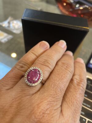 Oval Cut 8x6mm Rich Red Pink Ruby White Topaz 925 Sterl Silver Ring Sz 7 / N.5