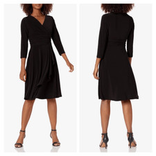 Nine West Women's Black 3/4 Sleeve Faux Wrap Ruched Dress Size 16