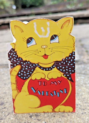 Vintage 1940er gebrauchte Valentinstag Kätzchen Katze schnurren amerikanische Grußkarte (EB8966)
