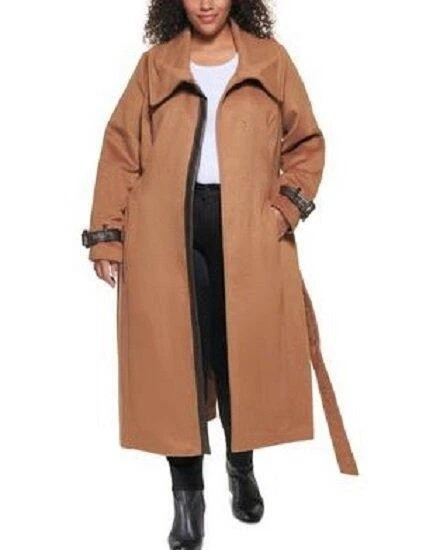 COLE HAAN Plus Size 3X Faux Leather Trim Belted Wool Wrap Coat NWT 450