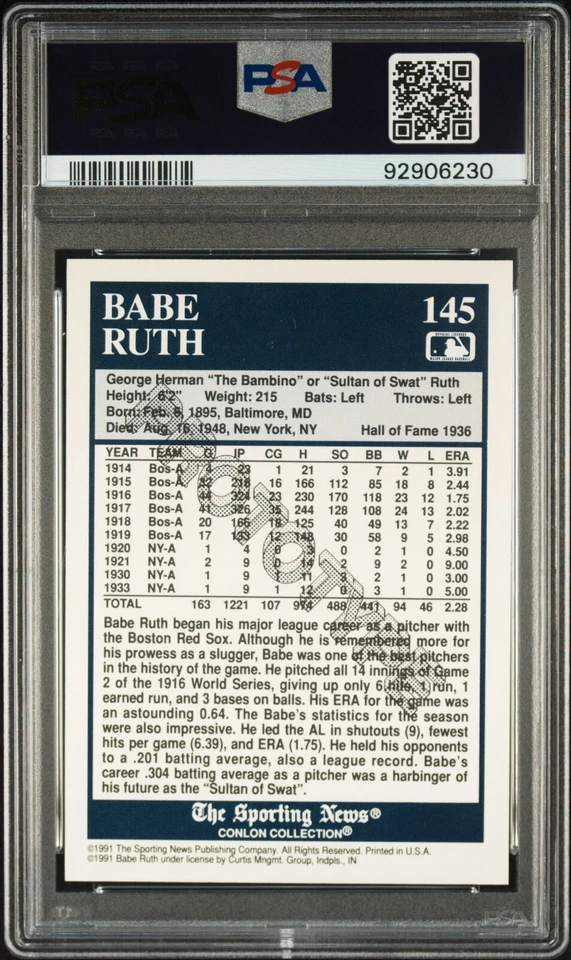 1991 Conlon Collection Prototype Babe Ruth #145 PSA 9 - New York Yankees - HOF - Image 2 of 2