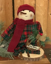 NEW Primitive Snowman Figure winter Christmas doll decor hat scarf wreath Rustic