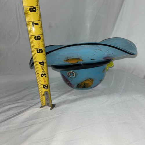 Murano Style Milleflori blown glass hat Baby Blue Yellow Flower Tray/ Bowl - Picture 9 of 9