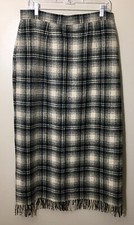 Vintage Woolrich Tan Black Plaid Long Wool Skirt With Tassels Made USA Size 12