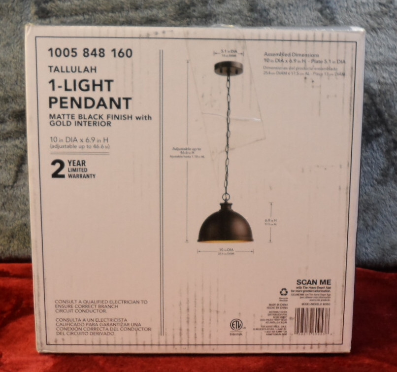 Hampton Bay Talullah 1Light Matte Black Pendant Lighting w/ Gold Interior 4014 eBay