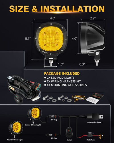 Luz de trabajo LED ámbar AUXBEAM 4X 4" + soporte de pilar A para Jeep Wrangler JL 18-24 - Imagen 7 de 12