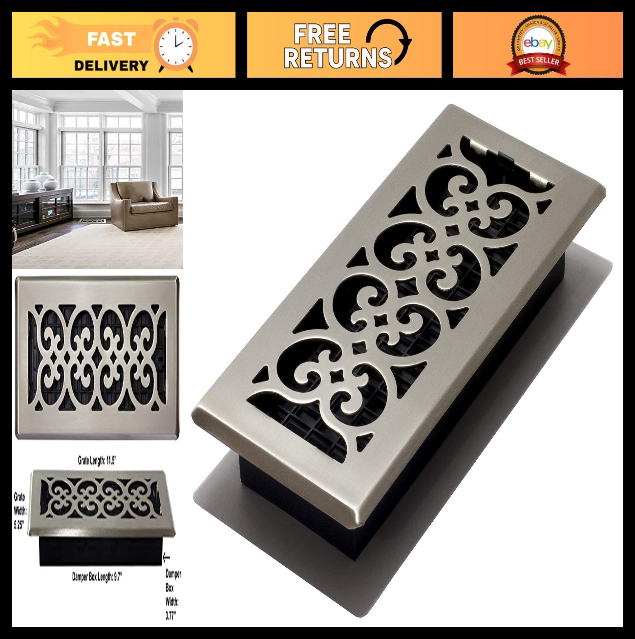Scroll Floor Register Vent Cover 4x10, Brushed Nickel, Decor