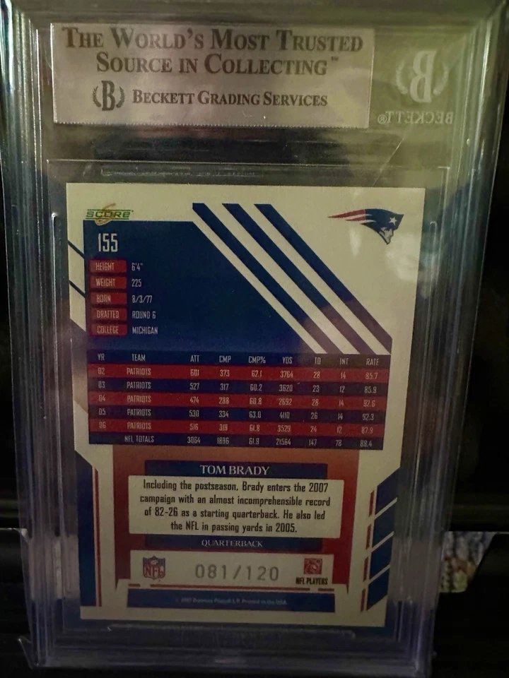 2007 Score Red Zone /120 Tom Brady Patriots SSP BGS 9 - Image 2 of 2