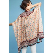 Anthroplogie One Size Silk Wrap Kimono Shawl Embellished Tassel S M L Cover Up