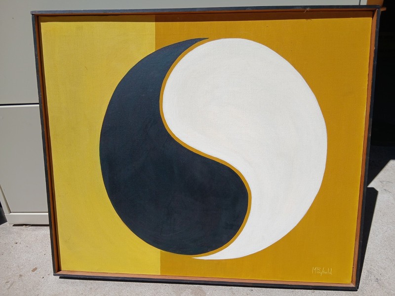 Vintage MR. Mayfield Signed Abstract Yin Yang Oil Painting Mid Century Modern