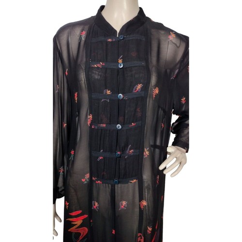 Vintage 90s PHOOL Boho Sheer Black Chiffon Button-Down Dress Size Large India - Picture 3 of 7