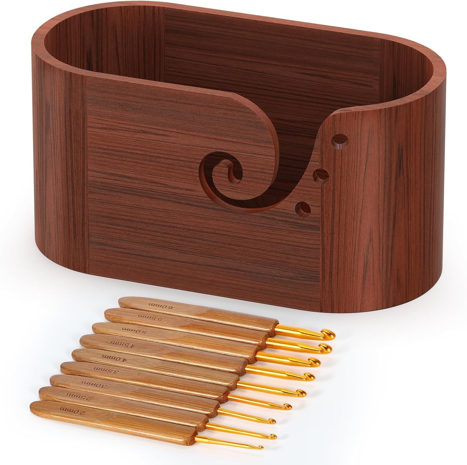 Oval Wooden Yarn Bowl,Knitting Yarn Bowl Holder with 9pcs Crochet Hooks,Large...