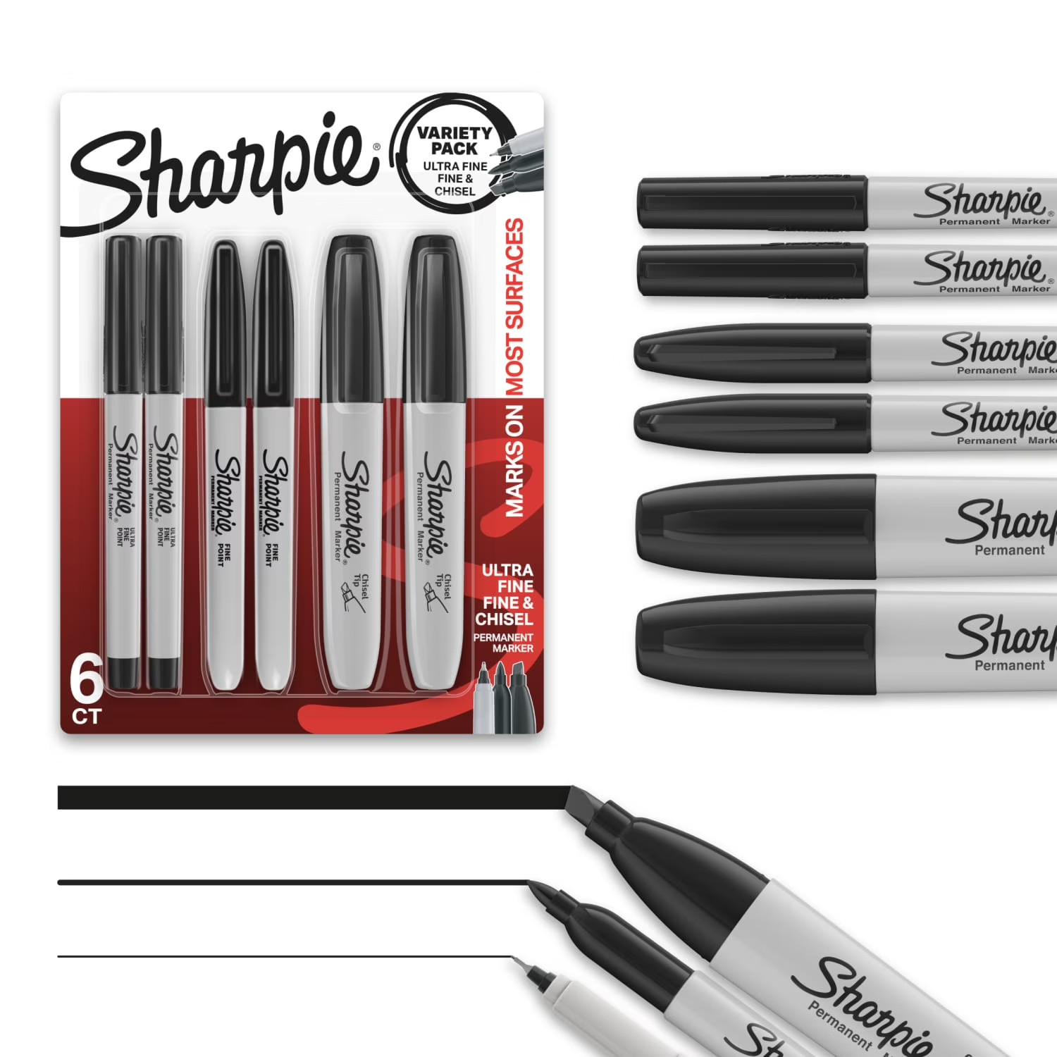 Sharpie Permanent Markers, Multi-Tip Pack, Fine/Ultra Fine/Chisel Tip, 6 Count