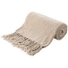 Beige Chenille Throw Blanket for Couch, Decorative Fringe Velvety Khaki Tan T...