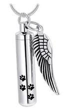 Cylinder with Paw Prints  Wing, Silver Tone Memorial Necklace J-525-G 