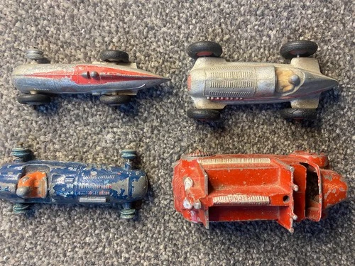 4 Vintage Dinky toy: Mercedes 23. Silver 23a  1936-40? Charbens van. Talbot Lago