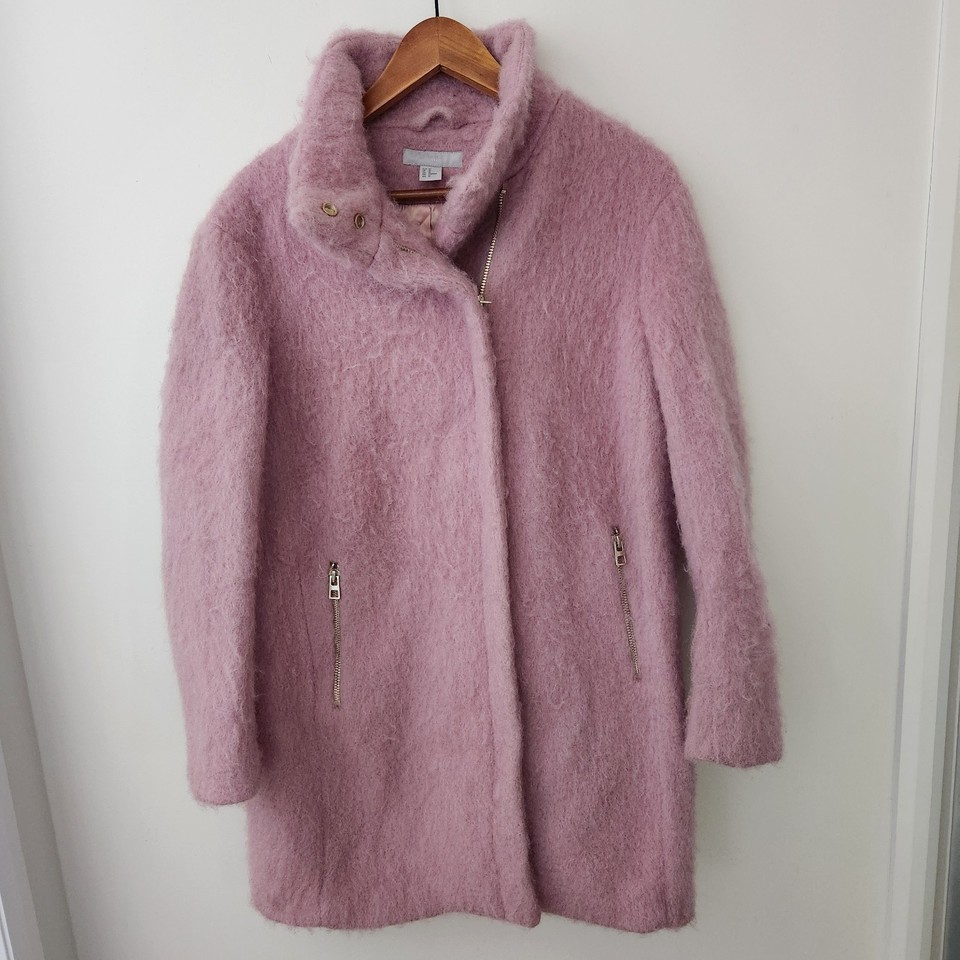 H&M Au 12 Pink Wool Blend Pink Fluffy Winter Jacket Overcoat Zippered Pockets