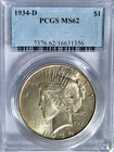 1934-D   PCGS MS-62   Original light golden tone Morgan Silver Dollar.   #315.