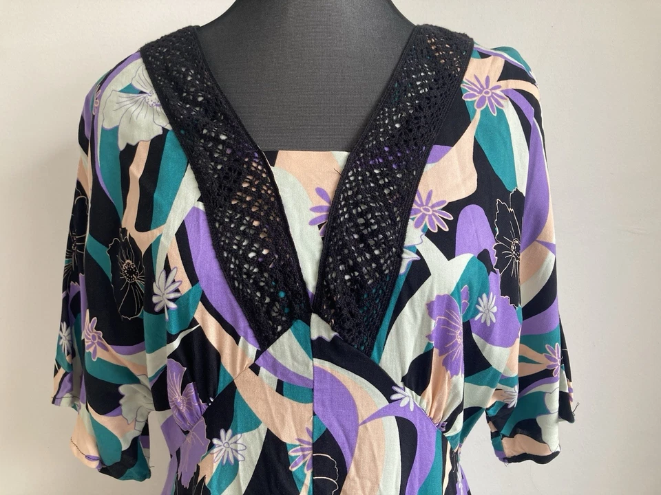 Rockmans Purple Green Maxi Dress Size 14? Lace Insert Hanky Uneven Hem Boho - image 2 of 4