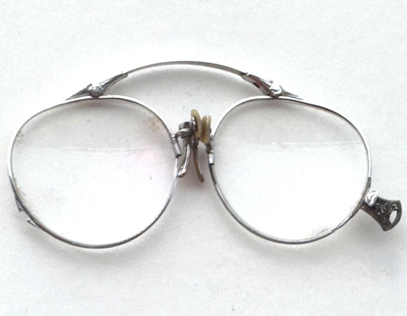Antique Pince Nez Folding Eyeglasses Engraved Frame Original Leather Case