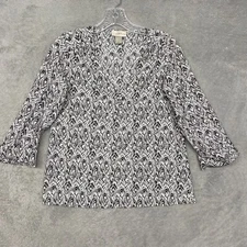 Loft Shirt Womens XS Petite White Black Popover V Neck Geometric Ann Taylor