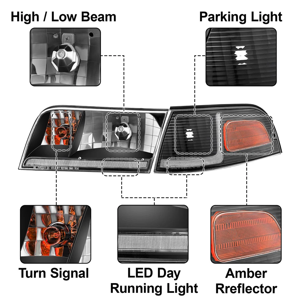 BLK Headlights w/LED DRL Sequential Turn Light For 1998-2011 Ford Crown Victoria Foto 2 de 4
