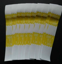 10 -Yellow $1,000 Cash Money Self-Sealing Straps White Saw Tooth Currency Bands 