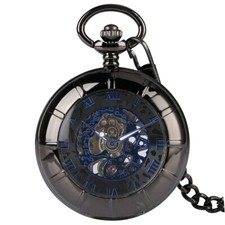 Men's Pocket Watch Mechanical Black Case Pendant Chain Hand-winding Luxury Gifts