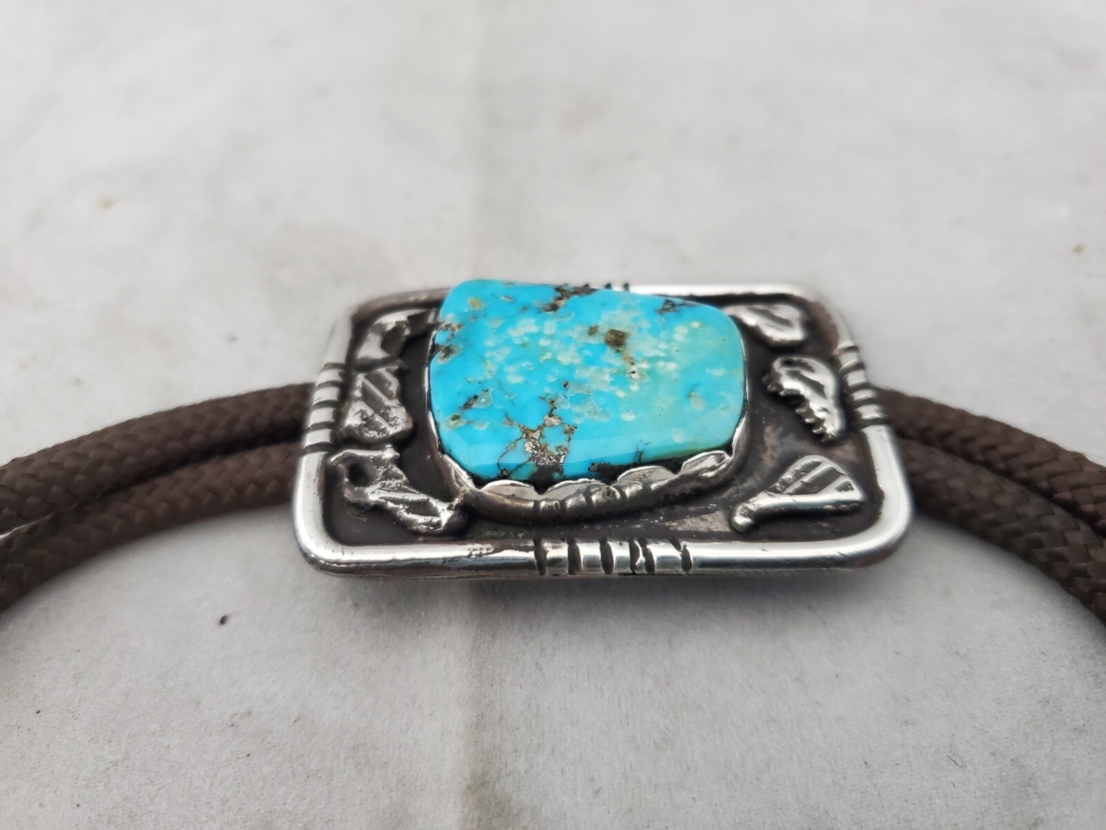 Silver Bolo Tie Rectangle with Large Turquoise & … - image 4