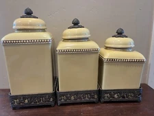 SET Of 3 Gracious Goods GG Collection Large Canister Acanthus Leaf & Metal Base