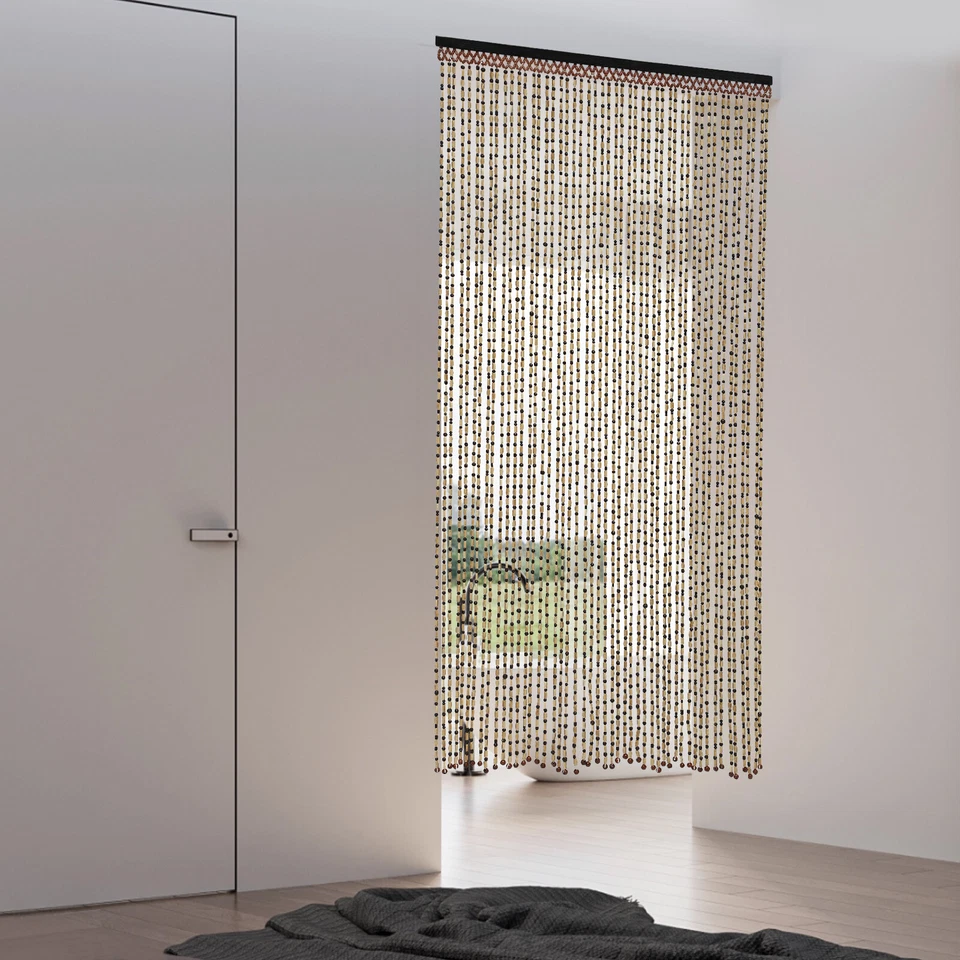 Cortina Boho de madera natural y bambú con cuentas para divisor de habitación de puerta 74,8 pulgadas Foto 2 de 4