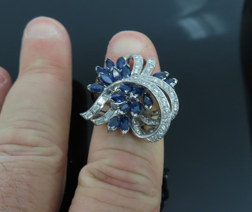 Anillo retro de diamantes de 1,50 quilates de 1950 y 4,0 quilates zafiro platino talla 3 - Imagen 5 de 8