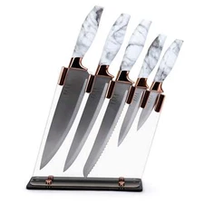 Elle Decor 5-Piece Professional Kitchen Knife Set Marble Handles & Rose Gold Acc