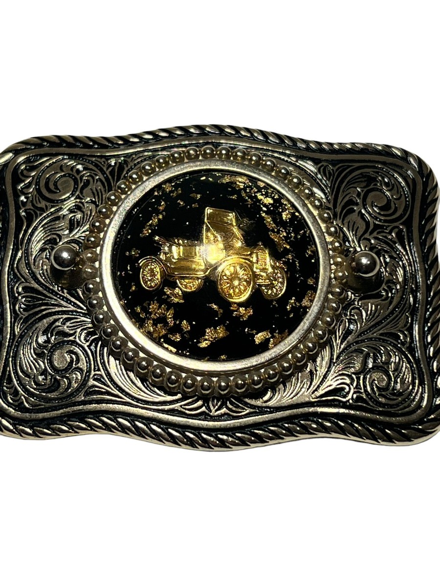 Belt Buckle Gold Black Old Fashioned Carriage Gold Flecks 