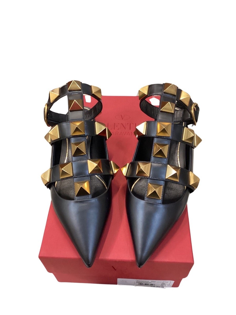 Valentino Black and Gold Roman Stud Leather Ankle Strap Flat