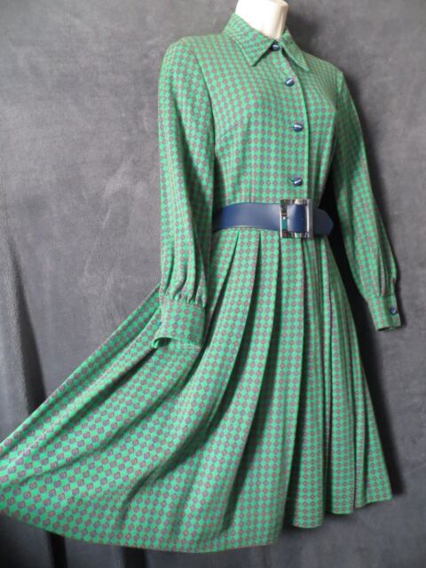 60&#039;s 70&#039;s Vintage Howard Wolf Boutique Green Red Wool Pleated Swing Dress 10