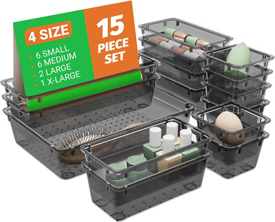 15 PCS Clear Plastic Drawer Organizer Set, 4-Size Acrylic Drawer Storage Trays,
