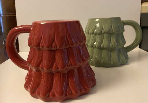 Momentum Brands Pair Ceramic Christmas Tree Shaped Mugs Red Green Holiday 3D - Picture 2 of 24