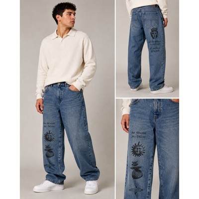Zara Mens Baggy Fit Graphic Jeans Blue As Above So Below Mystical 30