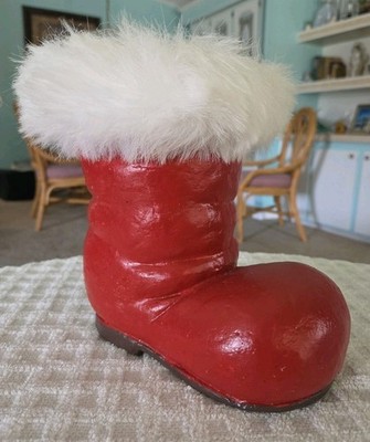 Vintage Paper Mache Red Santa Boot with Faux Fur Trim 8  tall x 7'' wide
