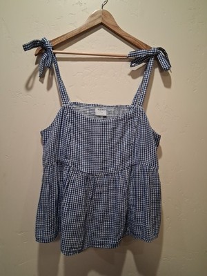 NWT Women's Old Navy Gingham Blue Plaid Babydoll Bow Top Size XL Boho Vacay Chic