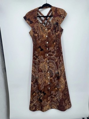 Vtg JBS Ltd Maxi Dress Button Front Sz 12 90s Y2K Boho Paisley Crisscross Back