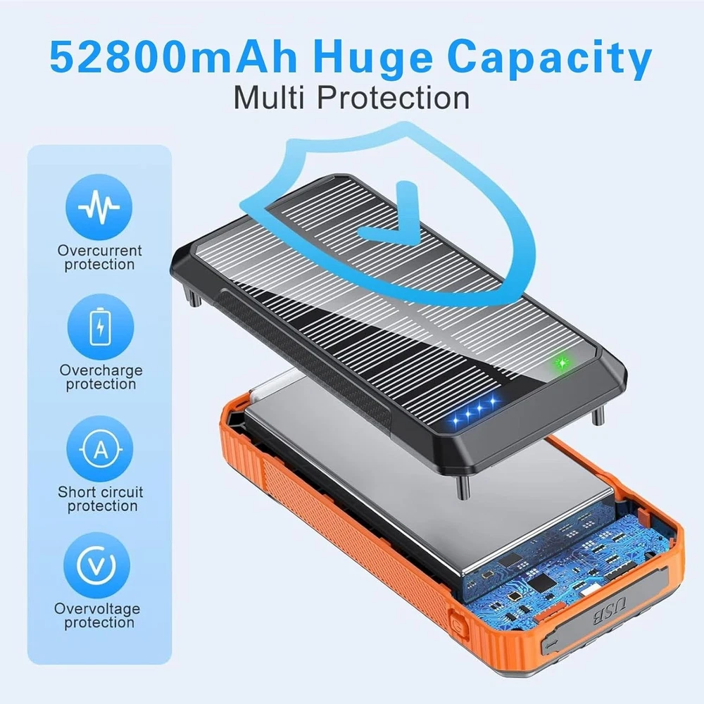 52800mAh Wireless Power Bank with 4 Built-in Cables 7 Outputs 22.5W Fast Charging Orange