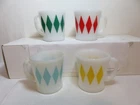 Vtg retro Fire King milk glass green red yellow blue diamond coffee mugs