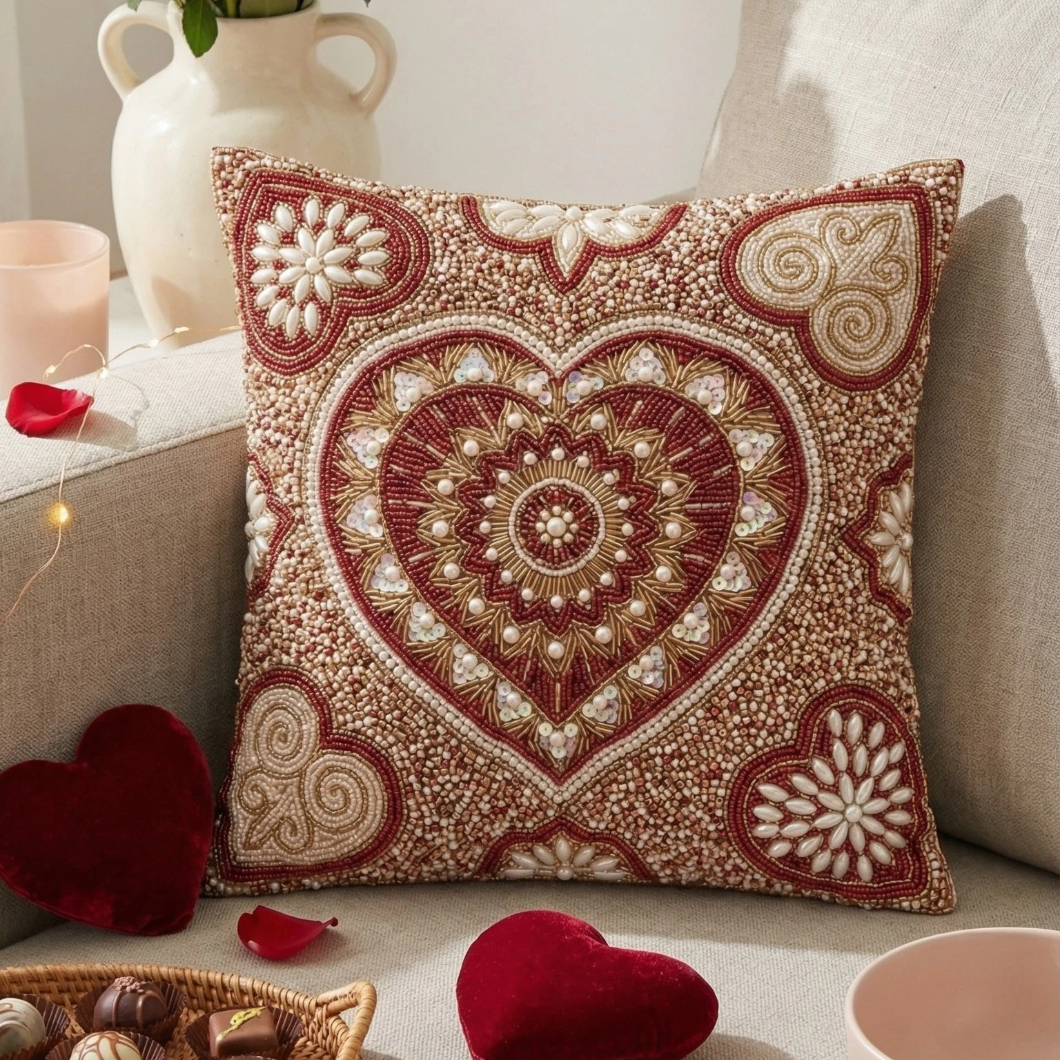 Beaded Heart Decorative Throw Pillow Cover - Bohemian Valentines Home Decor
Opens in a new window or