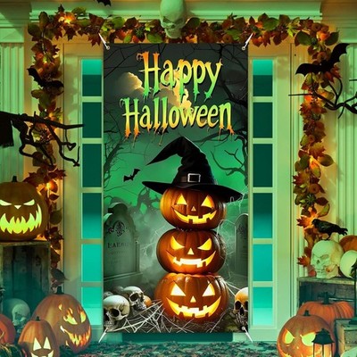 Halloween Decorations Scary Pumpkin Bats Tree Door Cover Banner Gift 36X71''