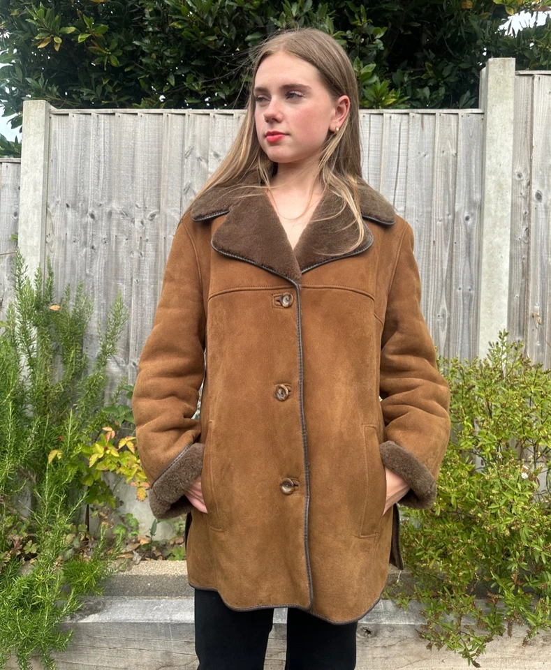 70's Vintage Brown Shearling Morlands Real Lambskin Leather Retro Coat Jacket - Image 4 of 4